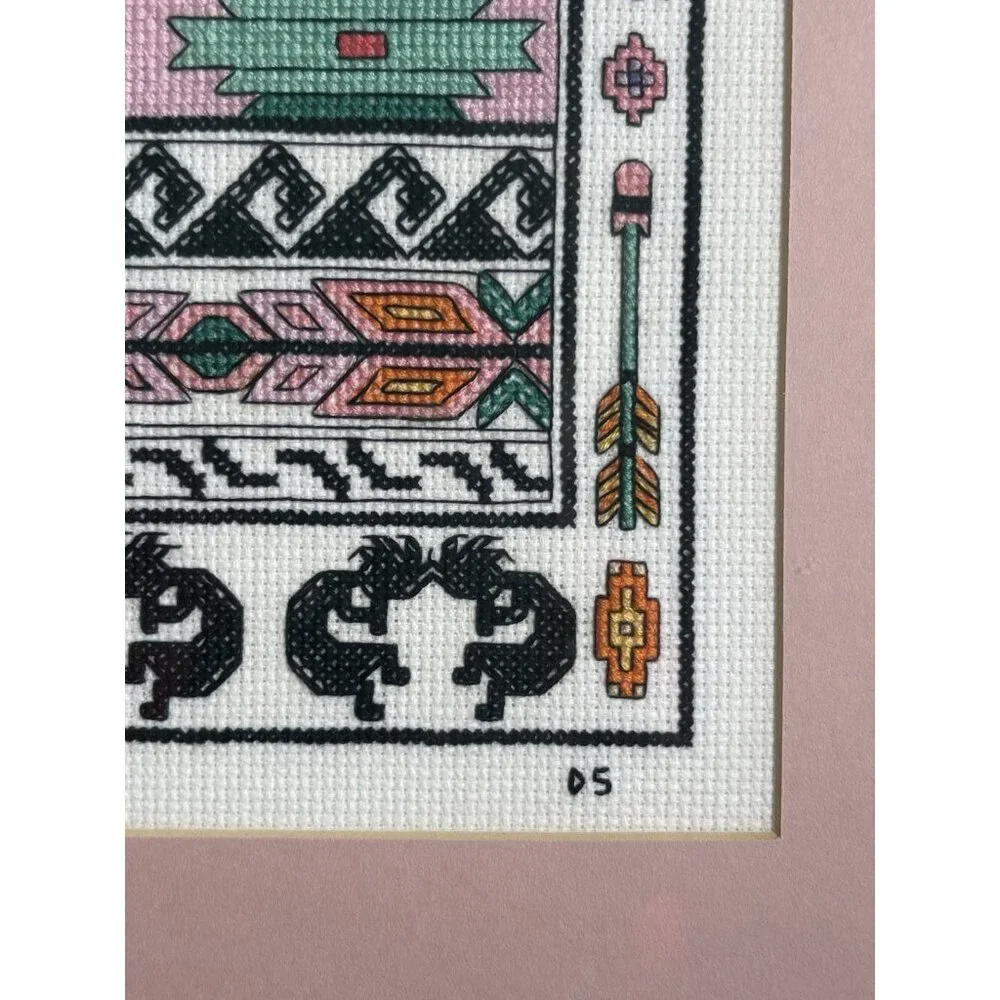 KOKOPELLI BORDER SAMPLER Counted Cross Stitch  Completed Framed Sunset 19”x 14” - Picture 3 of 7